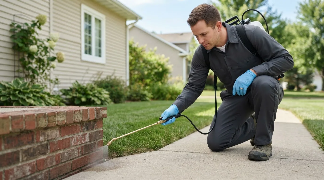 Pest control technician treating a home near La Porte City, IA