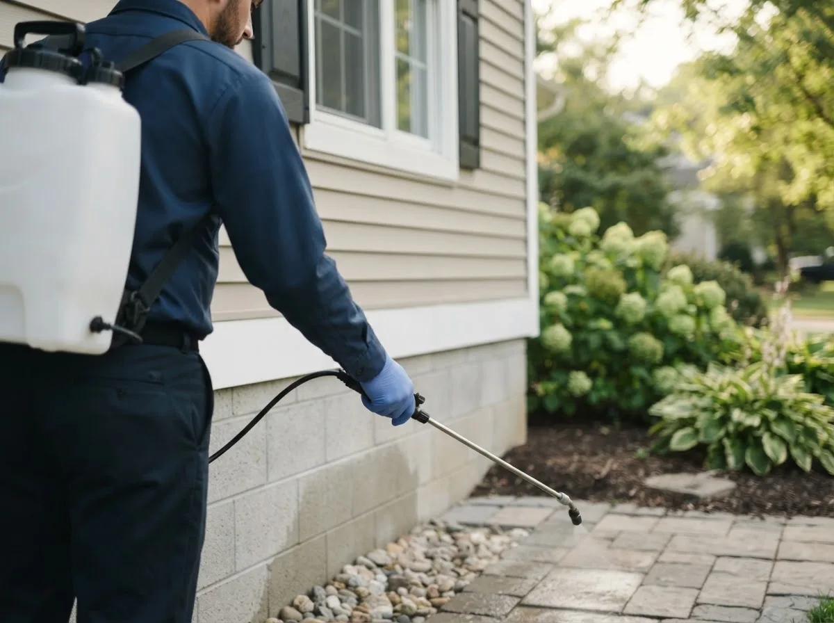 Pest control technician inspecting a home in La Porte City, IA
